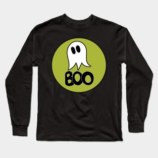 Cute ghost cartoon BOO text in a circle frame green Long Sleeve T-Shirt